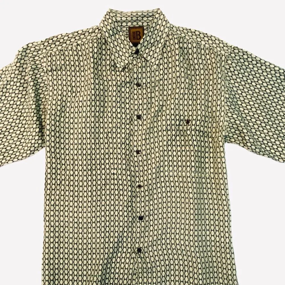 Vintage Bruno 100% silk short sleeve shirt Mens Medium green cream diamonds